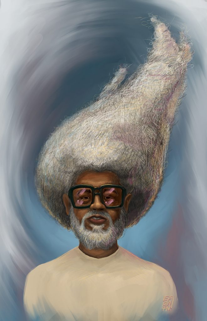 Black Man with White Beard and Large White Afro that whimsically whisps upward like a flame