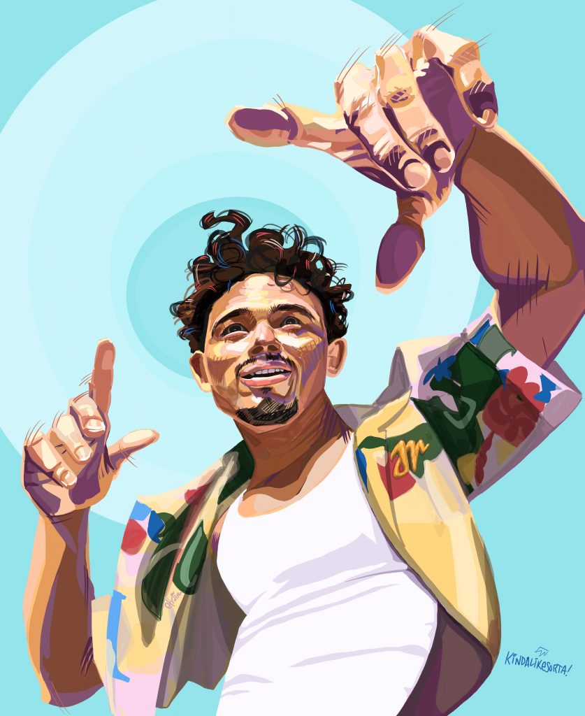 Illustration of Anthony Ramos with light blue background